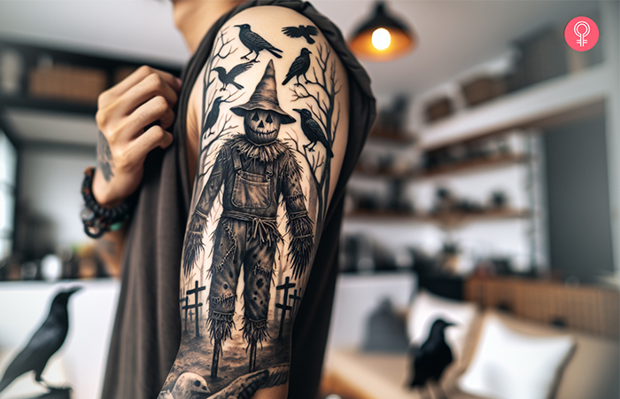 A tattoo depicting a standing scarecrow wearing jeans