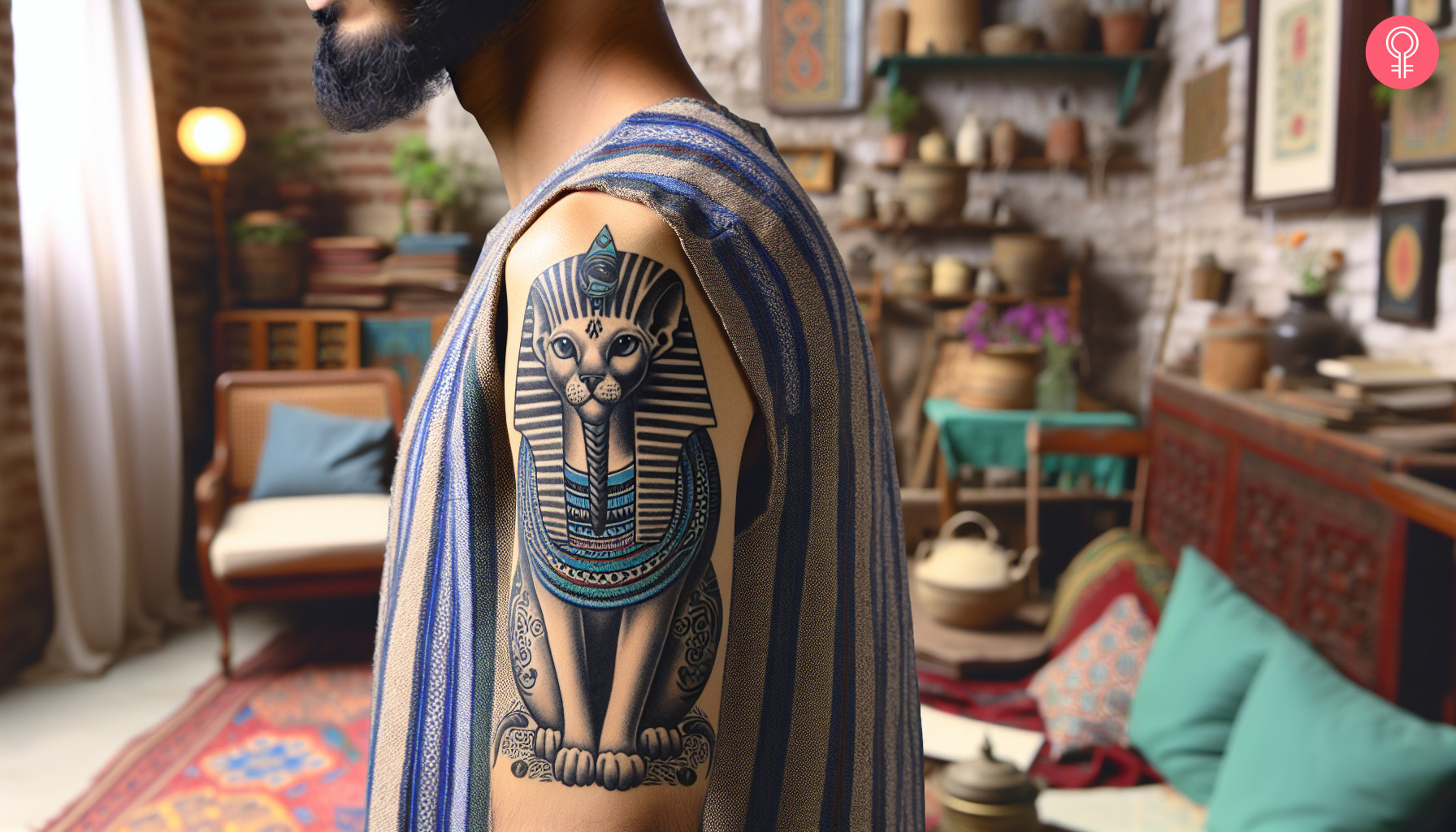 Egyptian Sphynx cat tattoo on the upper arm