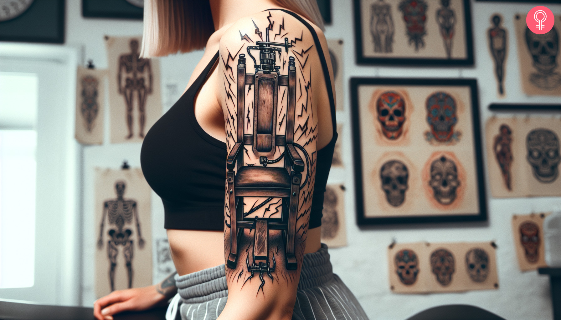 Woman with electric chair tattoo on her arm