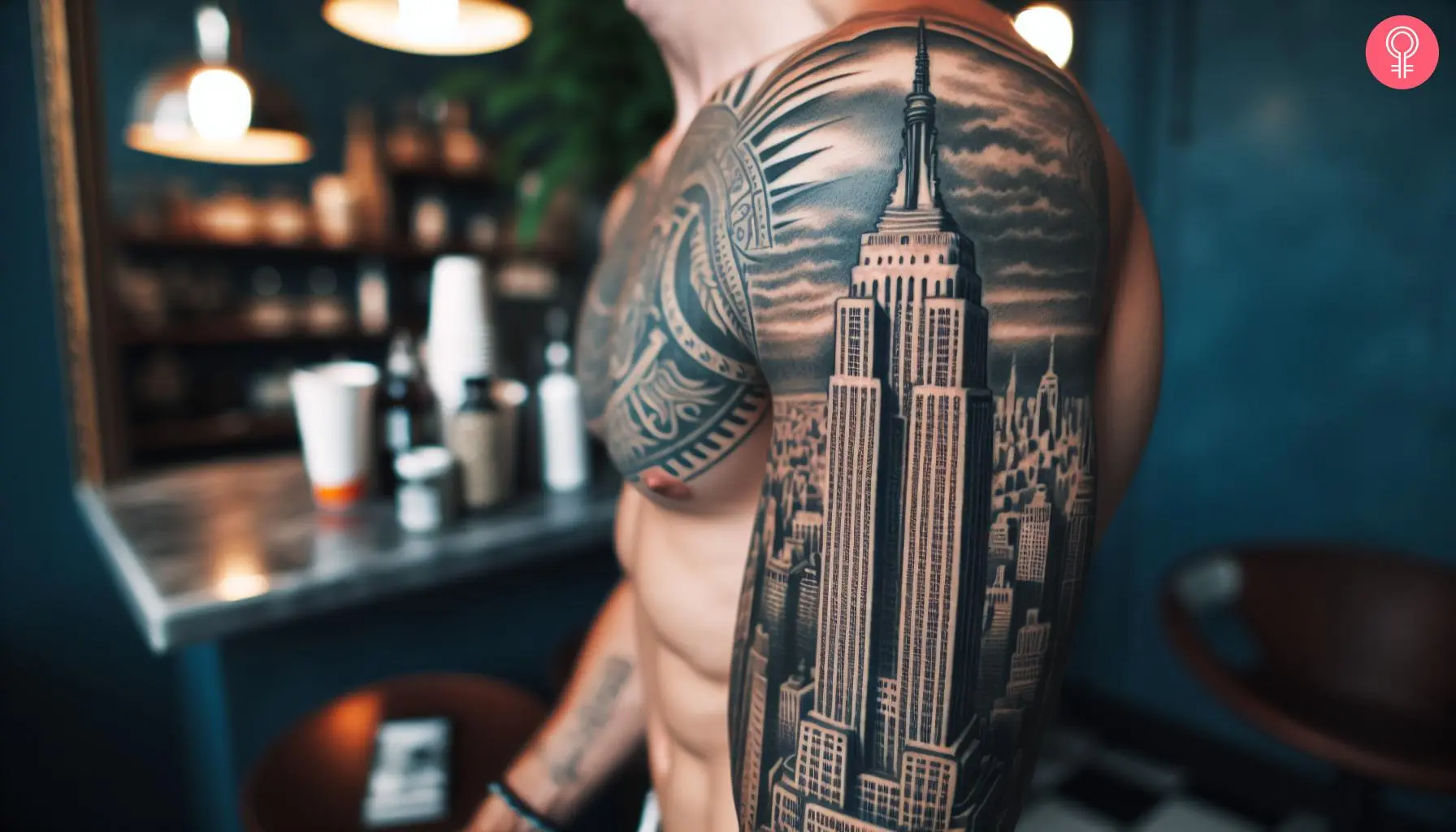 Empire state building tattoo on the arm of a man