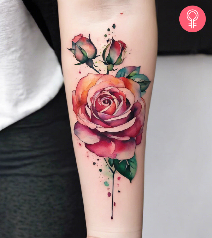 A rose sleeve tattoo inked in Nouveau art style on the forearm