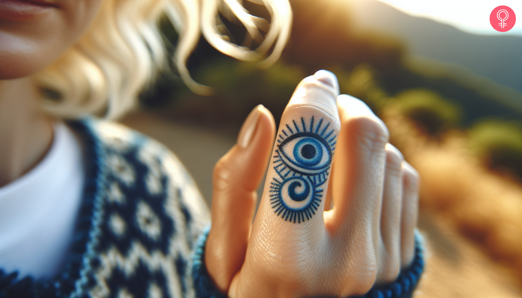 An evil eye tattoo on the finger of a woman