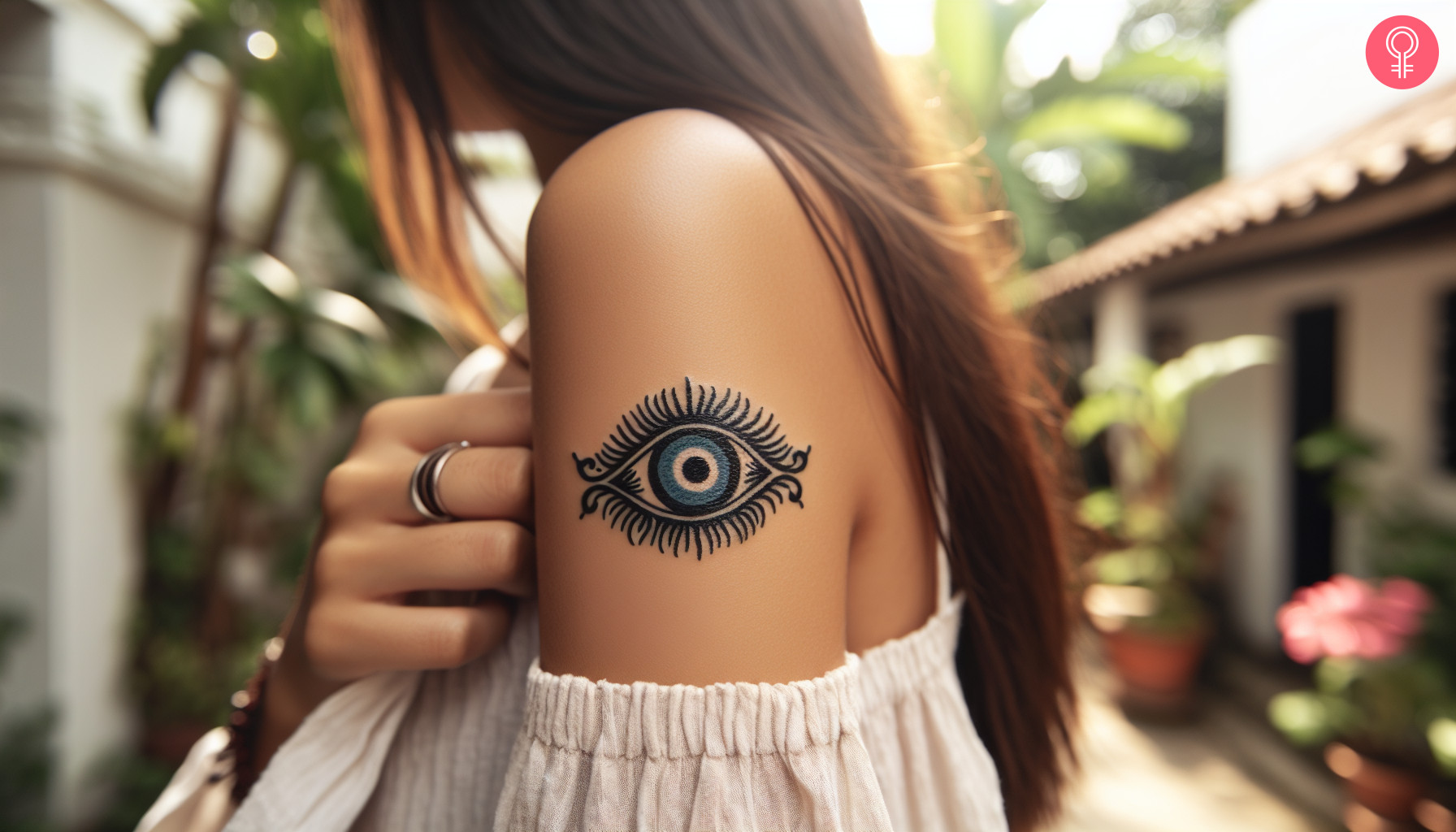 An evil eye protection tattoo on the upper arm of a woman