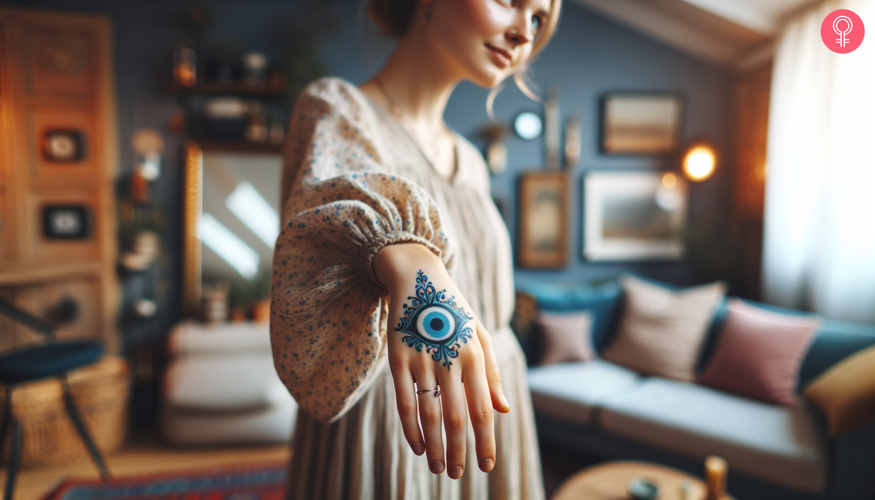 An evil eye tattoo on the hand of a woman