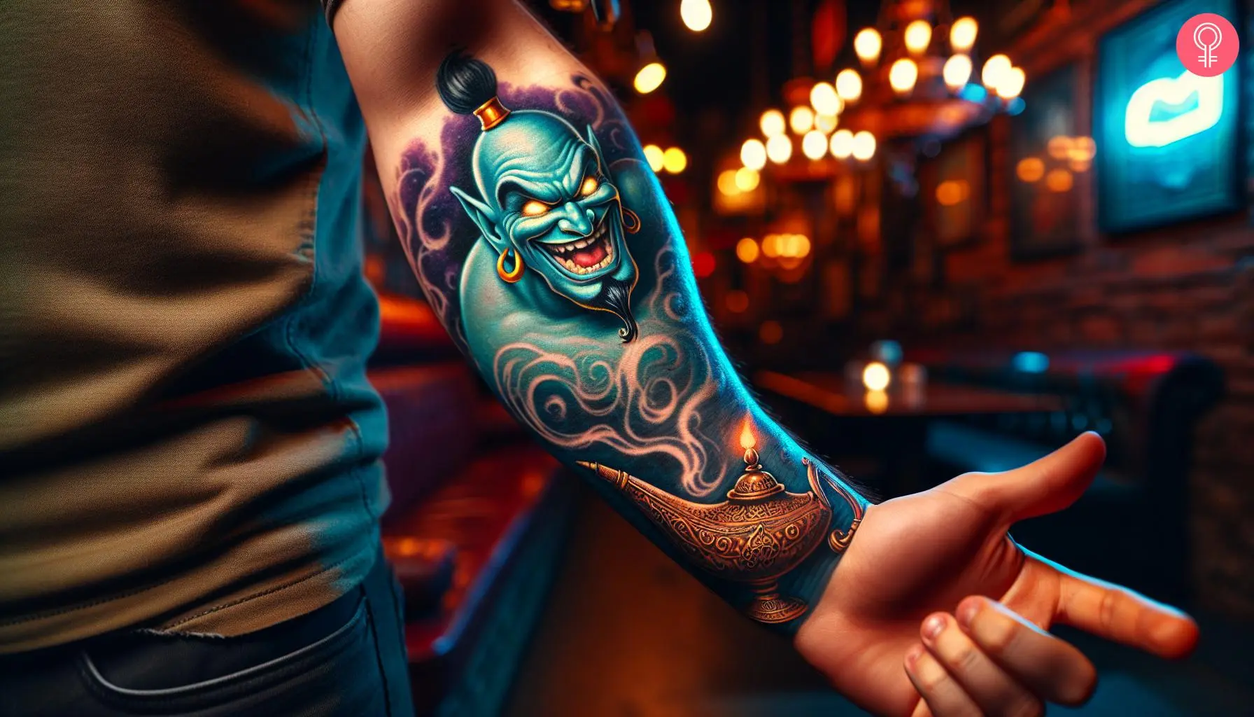 Evil genie tattoo on the forearm of a man