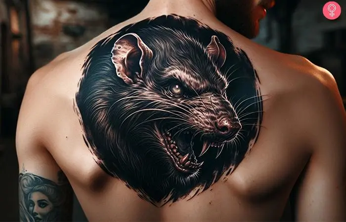 A man with an evil rat tattoo on his back