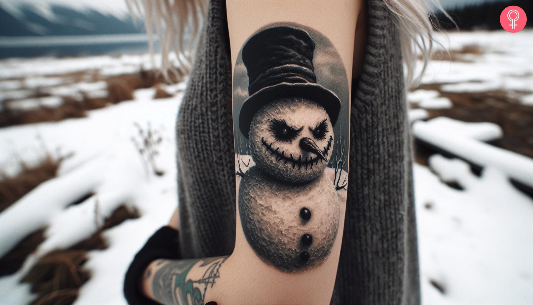 A woman with an evil snowman tattoo on her upper arm