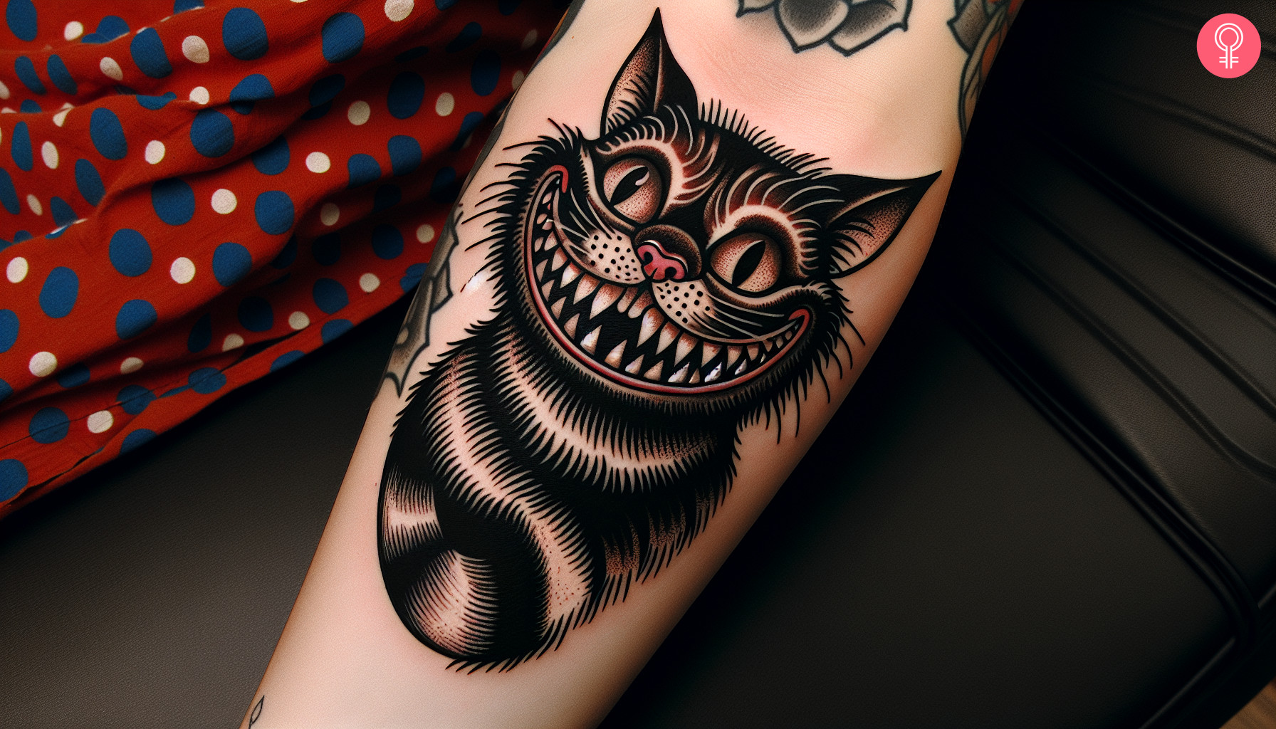 Evil cheshire cat tattoo on the inner arm