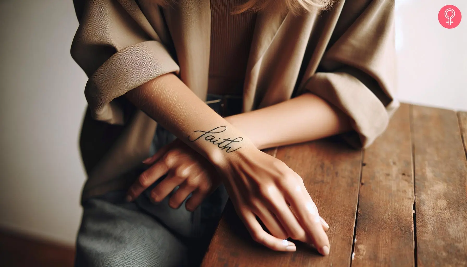 The word faith inked in cursive on the arm.