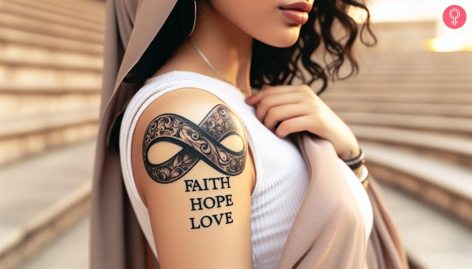 Faith hope love infinity tattoo on the upper arm of a woman