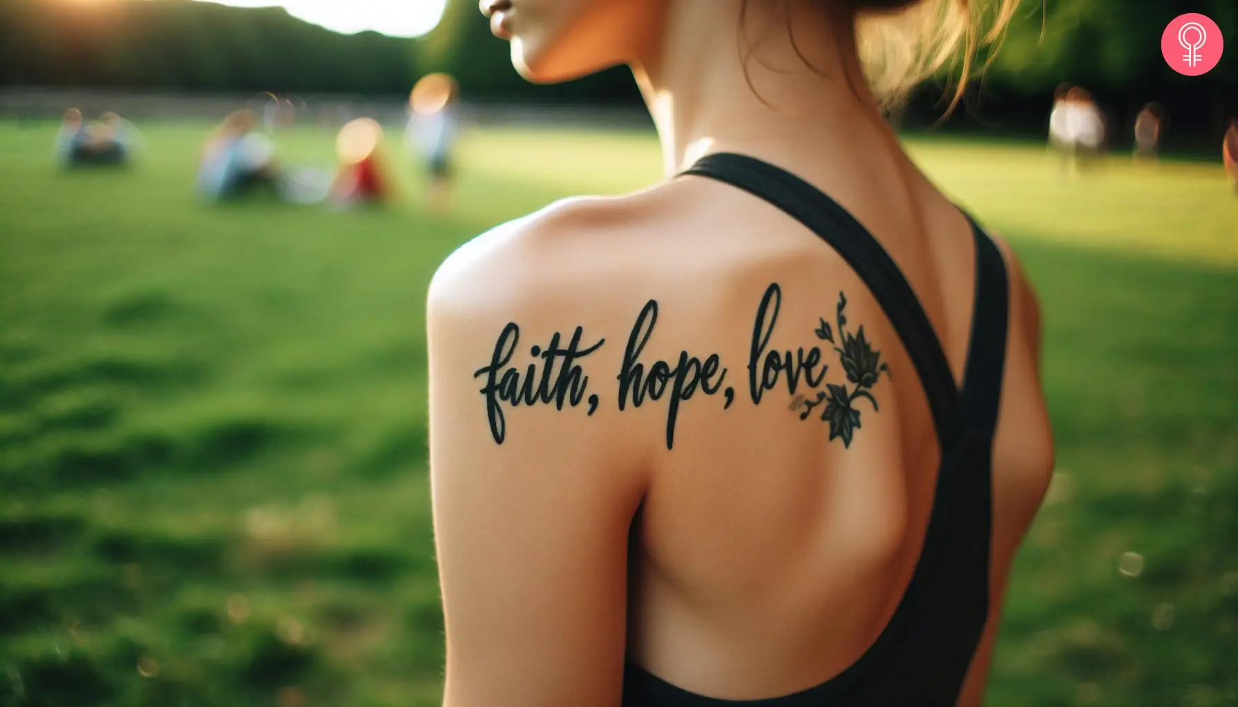 Faith hope love tattoo on the shoulder of a woman