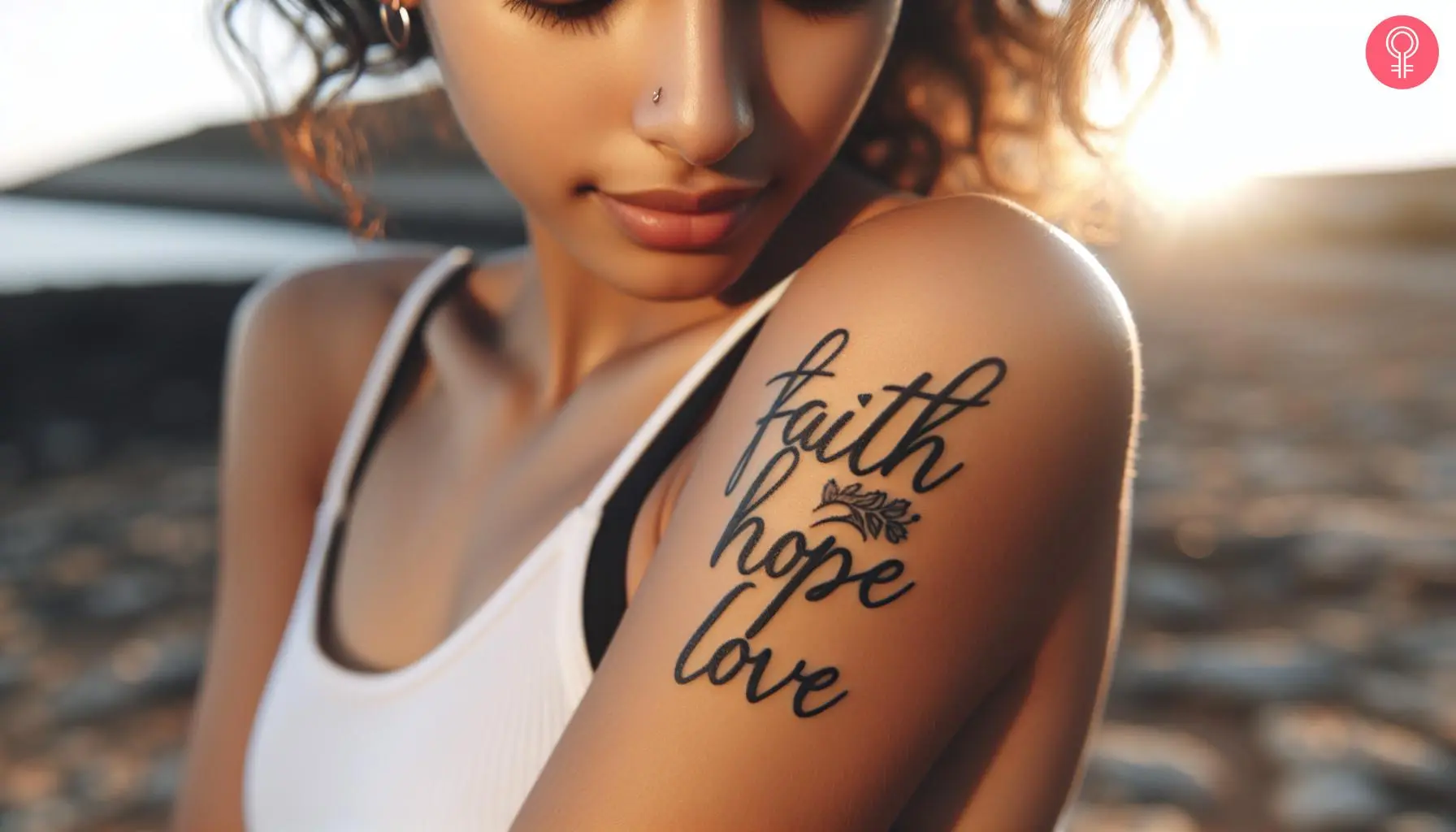 Faith hope love tattoo on the upper arm of a female