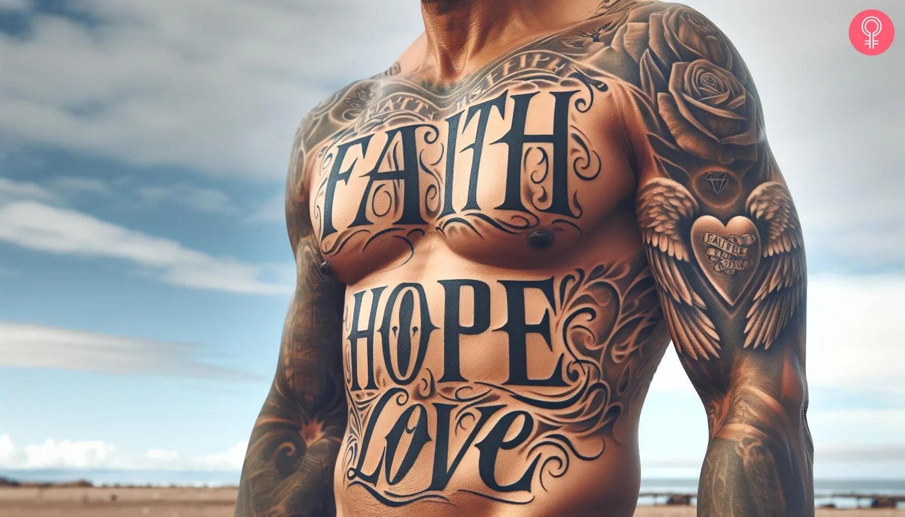 Faith hope love tattoo on the chest of a man