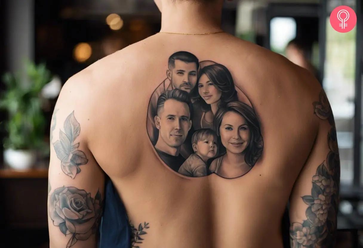 Family portrait tattoo on the upper arm 