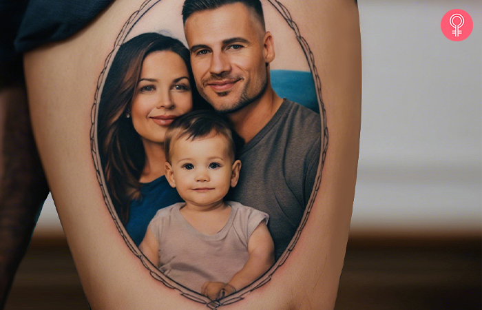 A man wearing a family portrait tattoo on the thigh