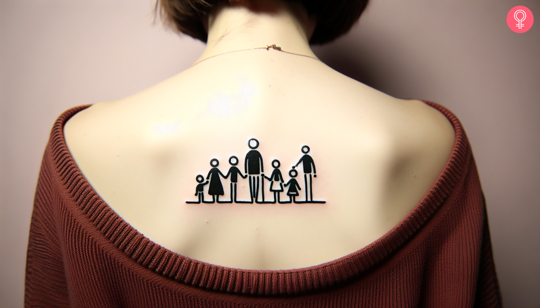 Woman with family stick figure tattoo on her upper back