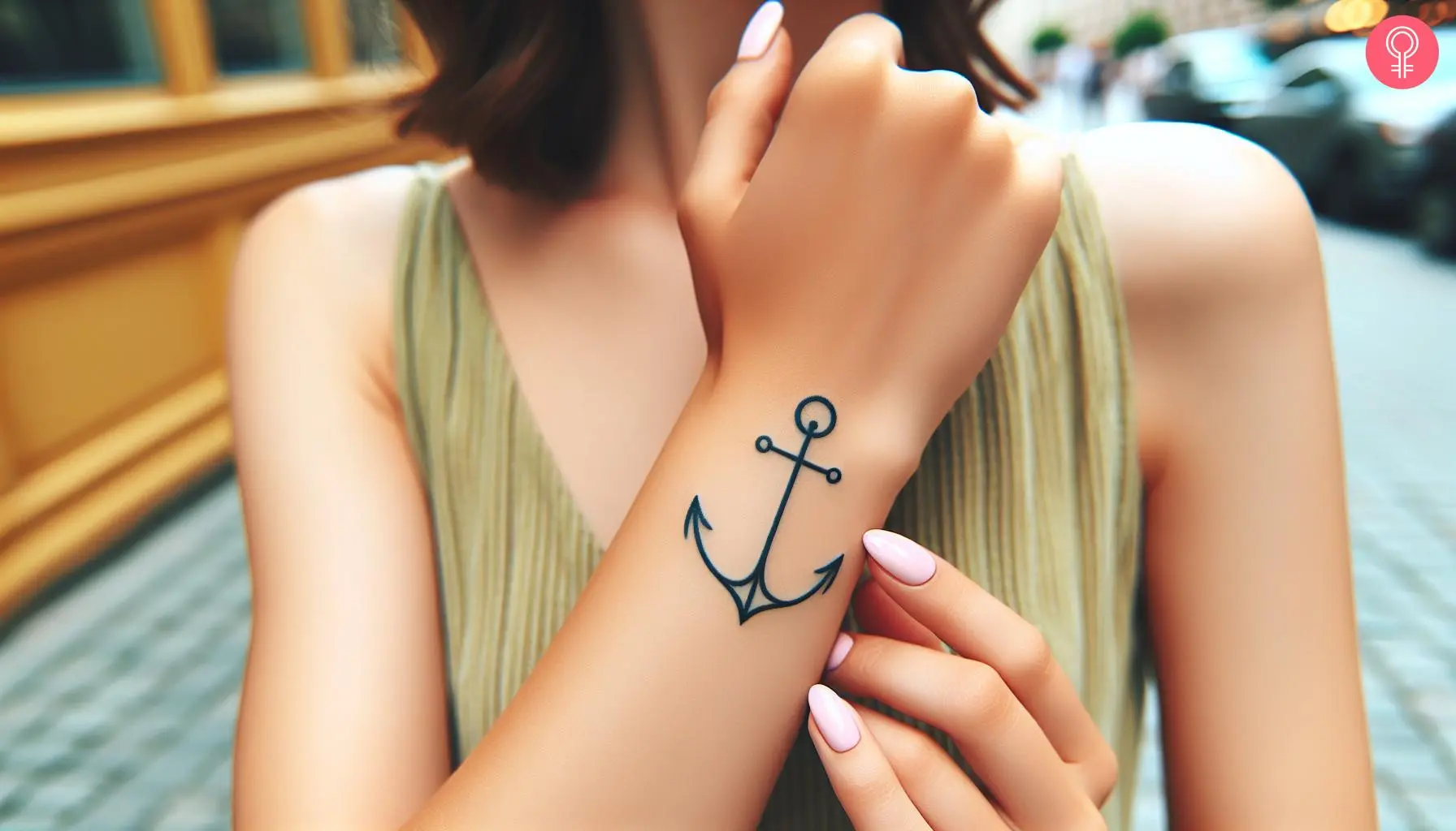 Woman with a family trauma tattoo of an anchor on the wrist