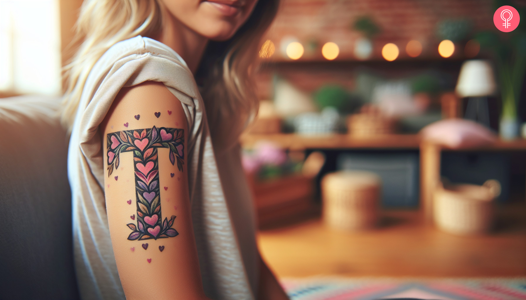 A fancy T letter heart tattoo on a woman’s upper arm