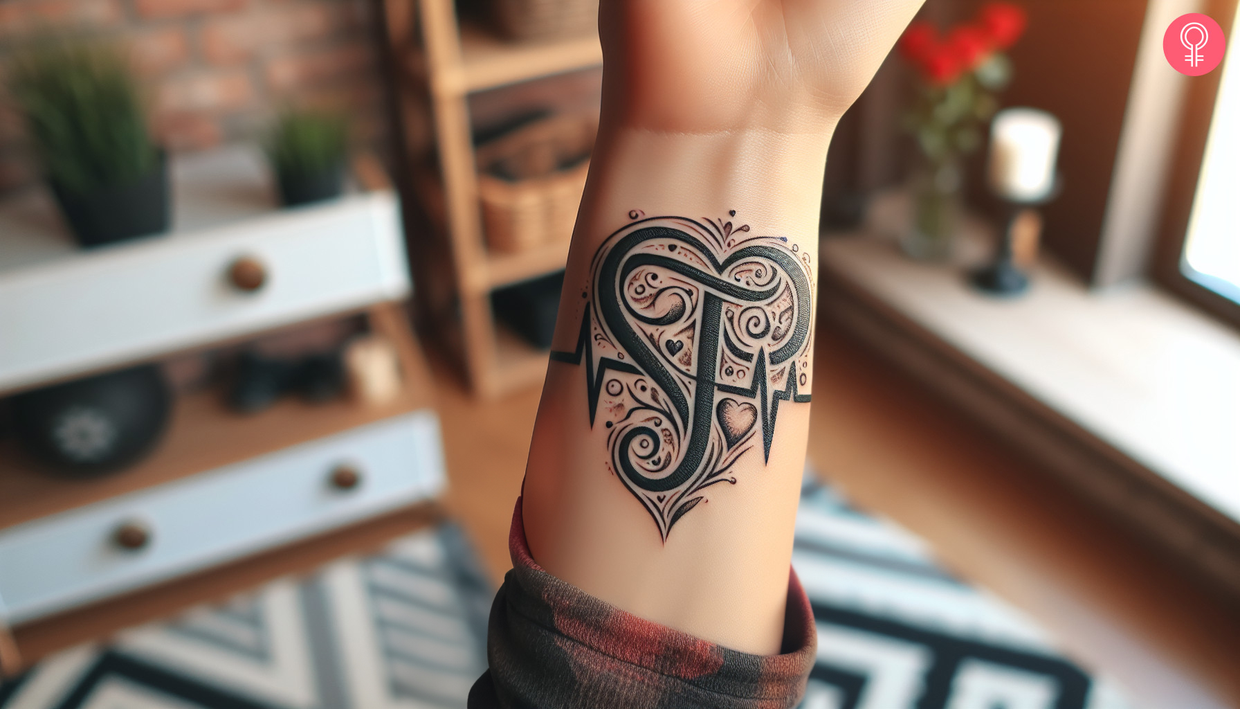 A fancy T letter love tattoo on a woman’s forearm