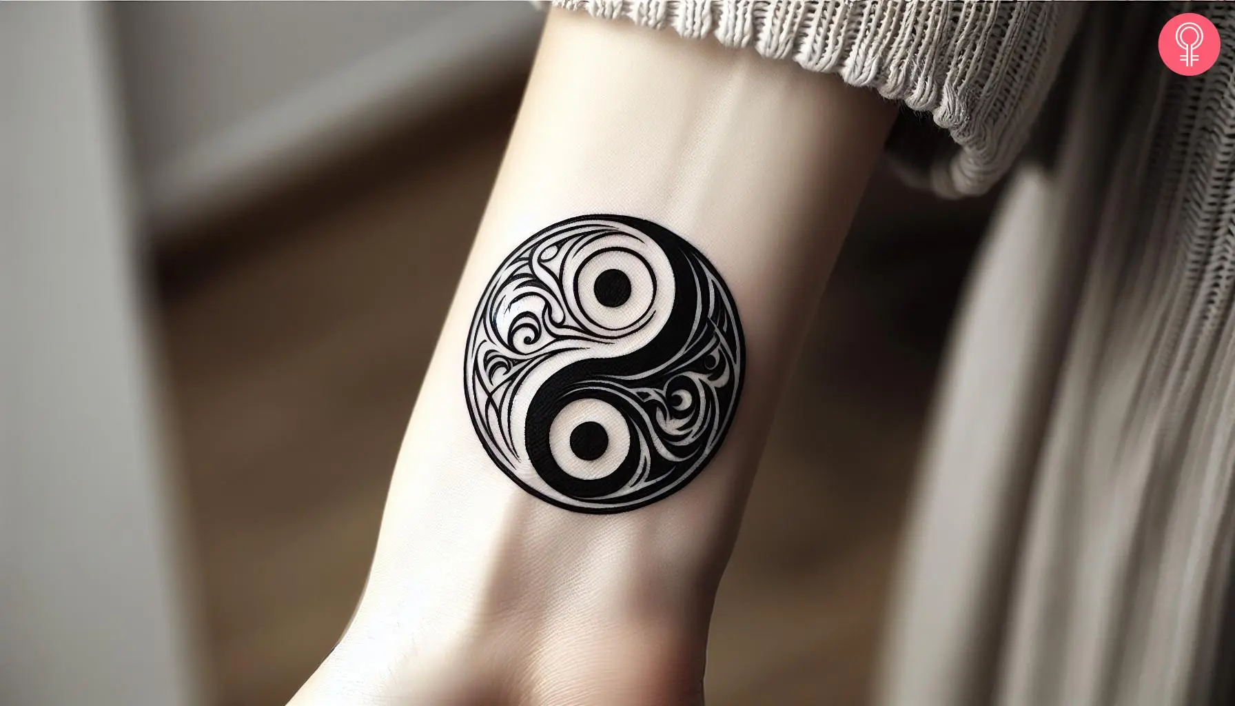 Woman with fate symbol tattoo on her wrist