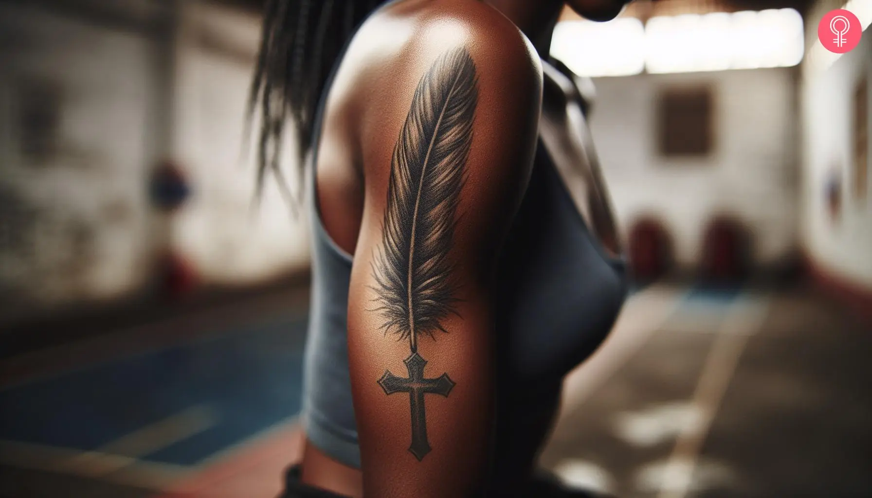 Feather cross tattoo design on the arm of a woman