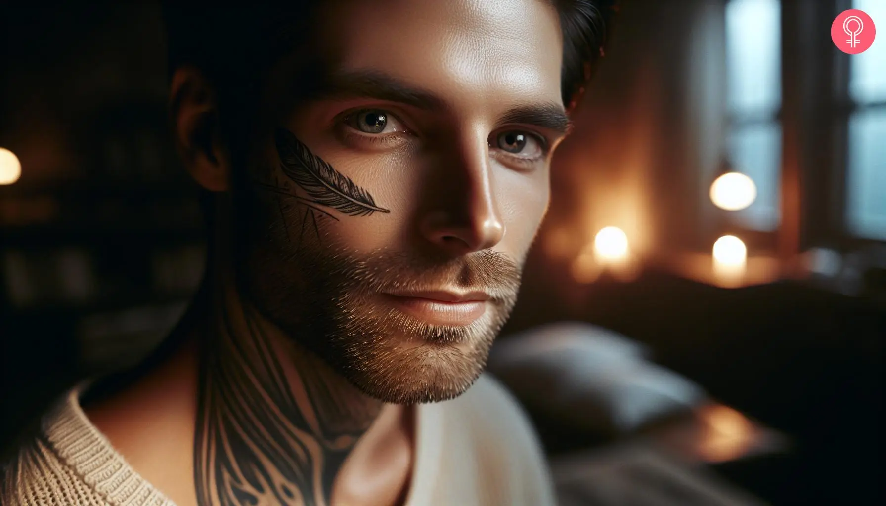 Feather tattoo design on the face of a man