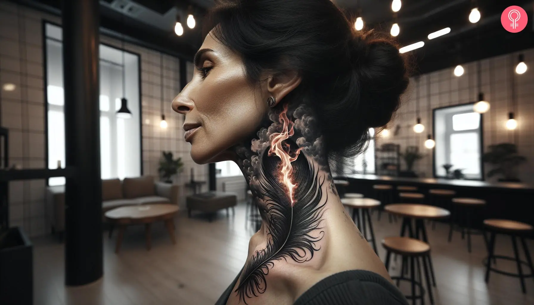 Feather tattoo design on the neck of a woman