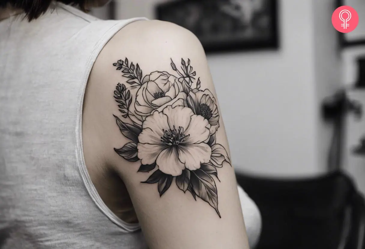 A woman with a black and white primrose tattoo on her upper arm