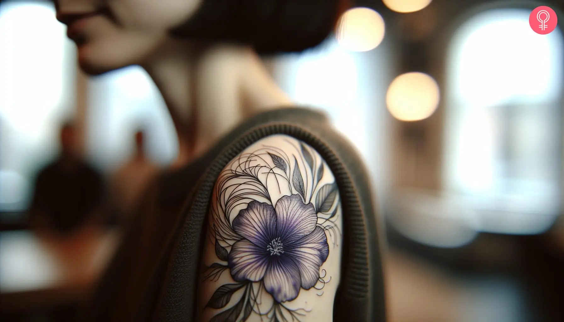 A woman with a violet fine line tattoo on her upper arm