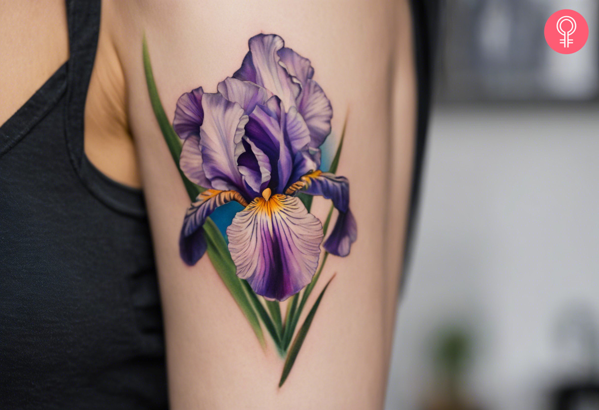 A woman with a purple iris tattoo on her upper arm