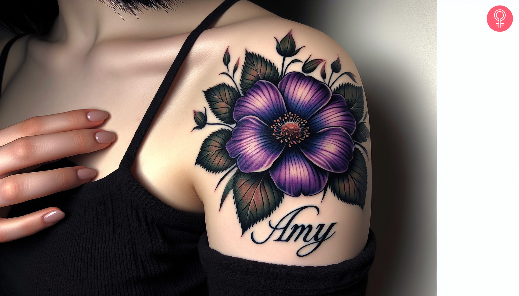 A woman with a purple violet tattoo with name on her upper arm