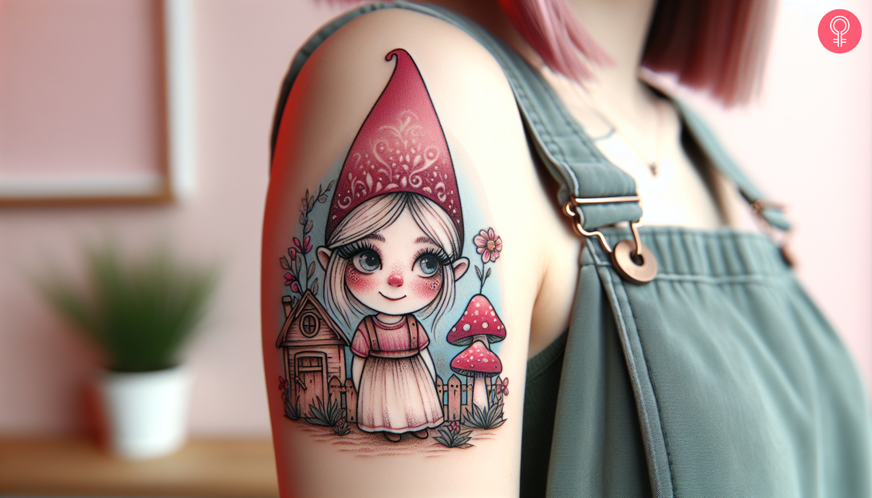 A female gnome tattoo on the upper arm