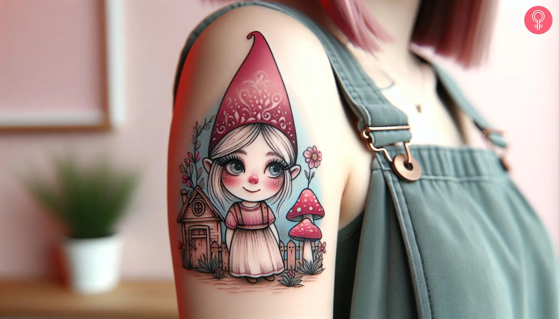 A female gnome tattoo on the upper arm