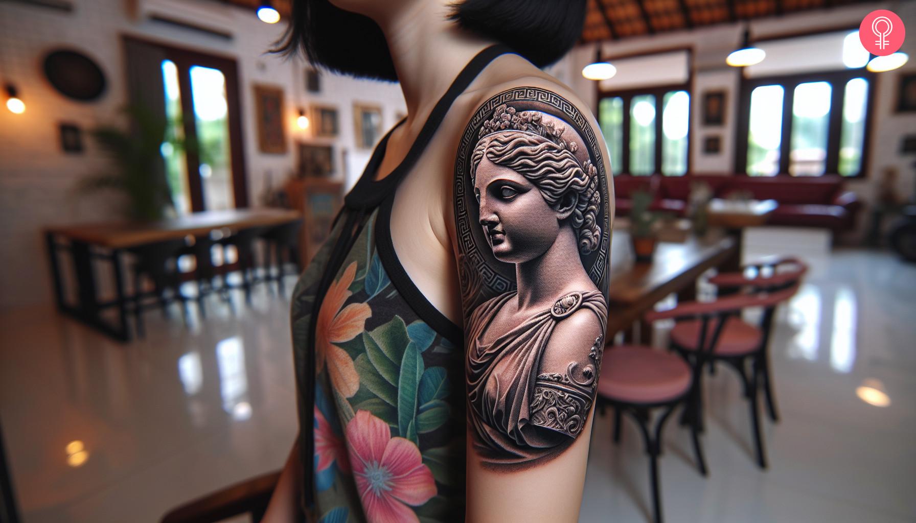 Female Greek statue tattoo on a woman's arm