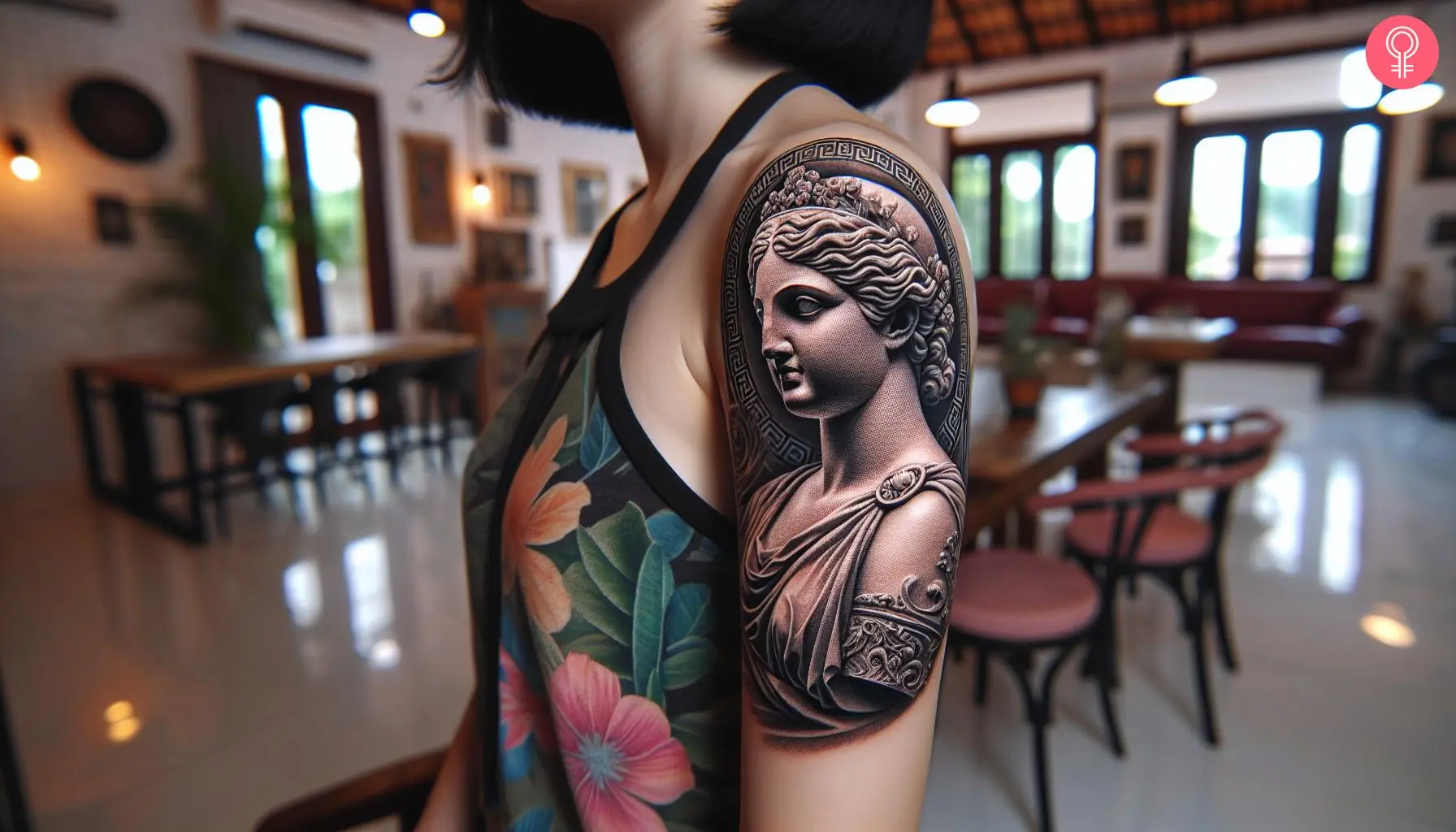 Female Greek statue tattoo on the arm of a woman