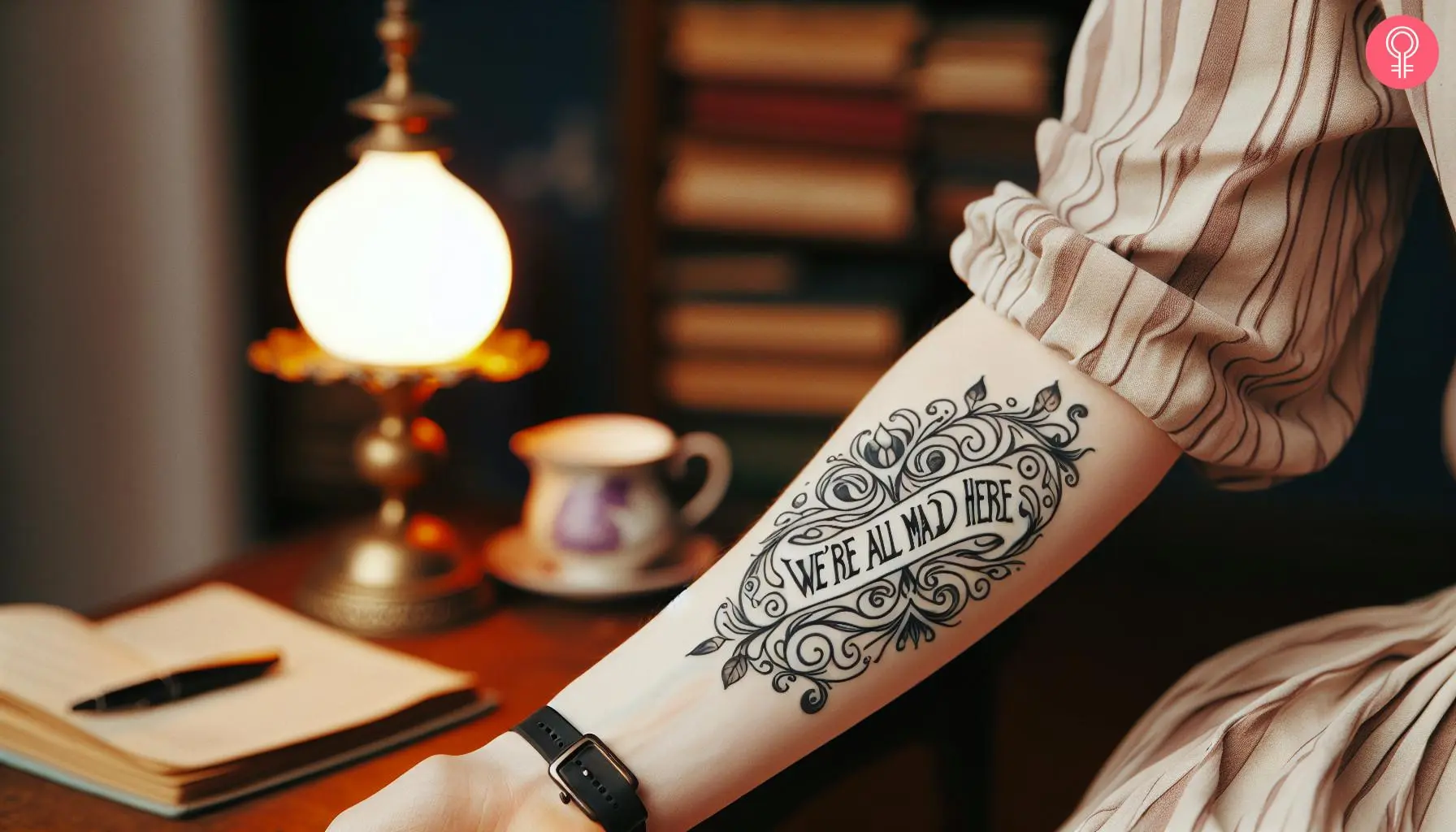 A female Mad Hatter tattoo on a woman’s forearm