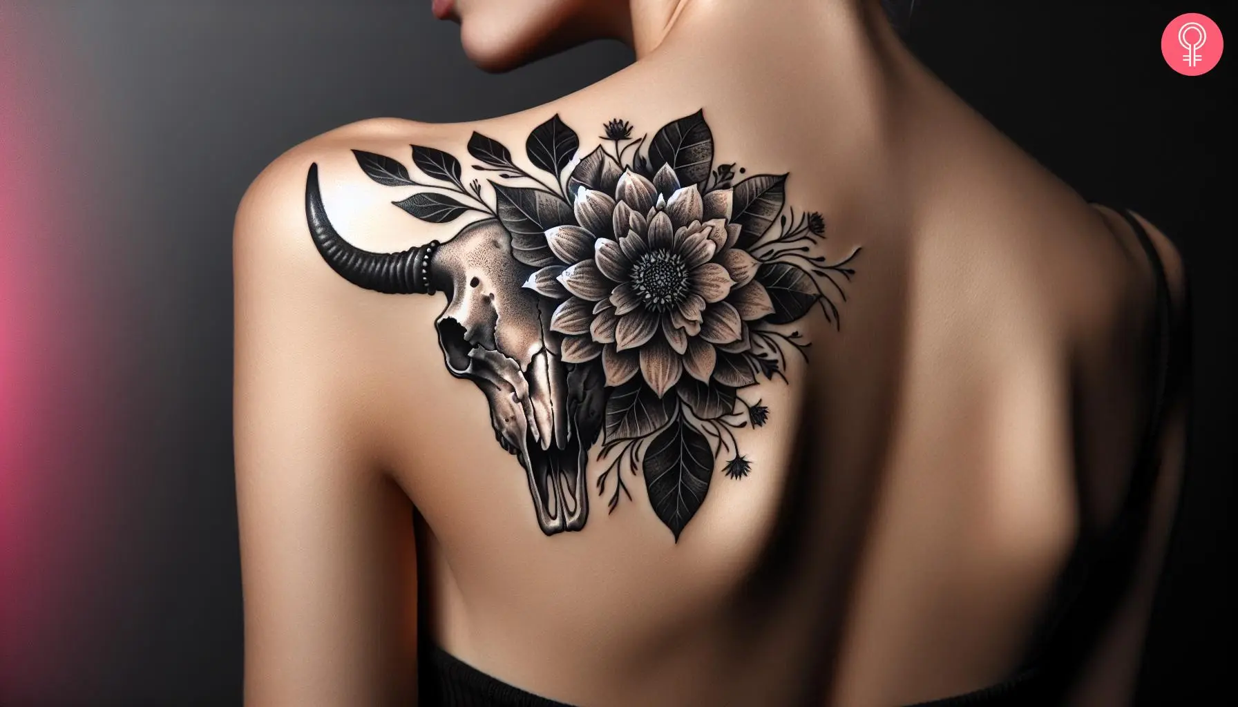 A feminine cow skull tattoo on the shoulder of a woman