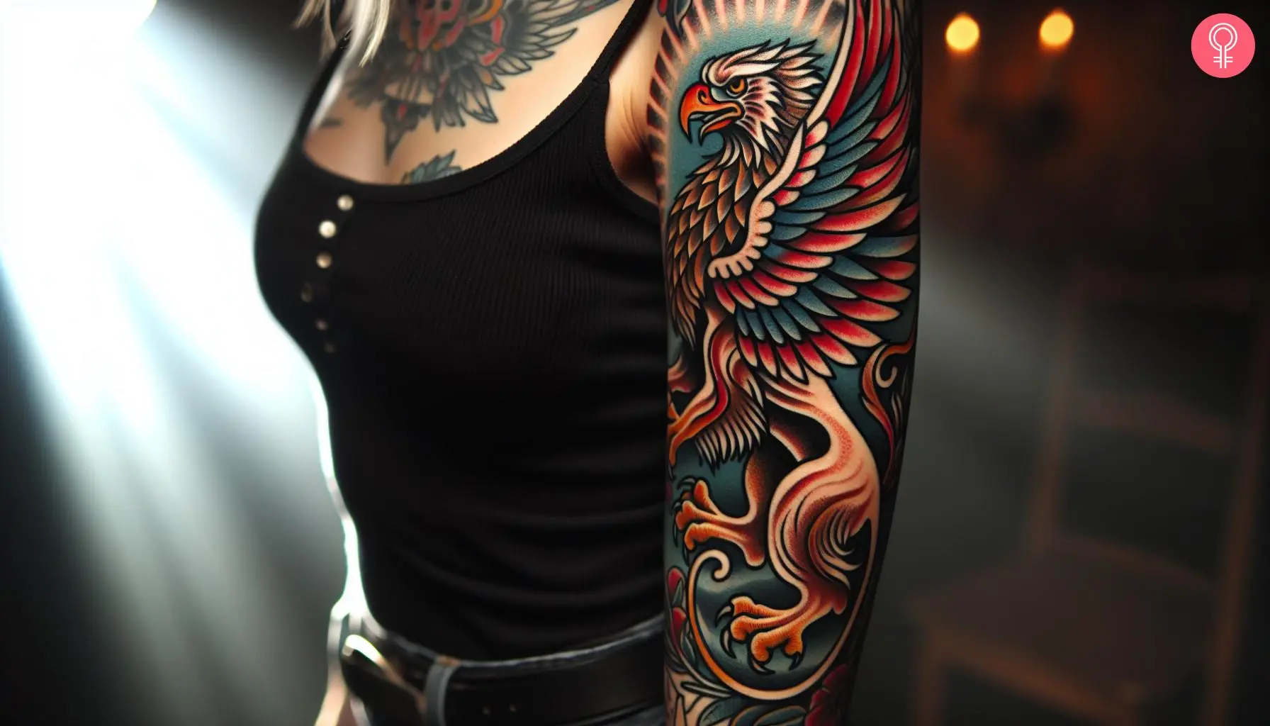 A feminine griffin tattoo on a woman’s upper arm