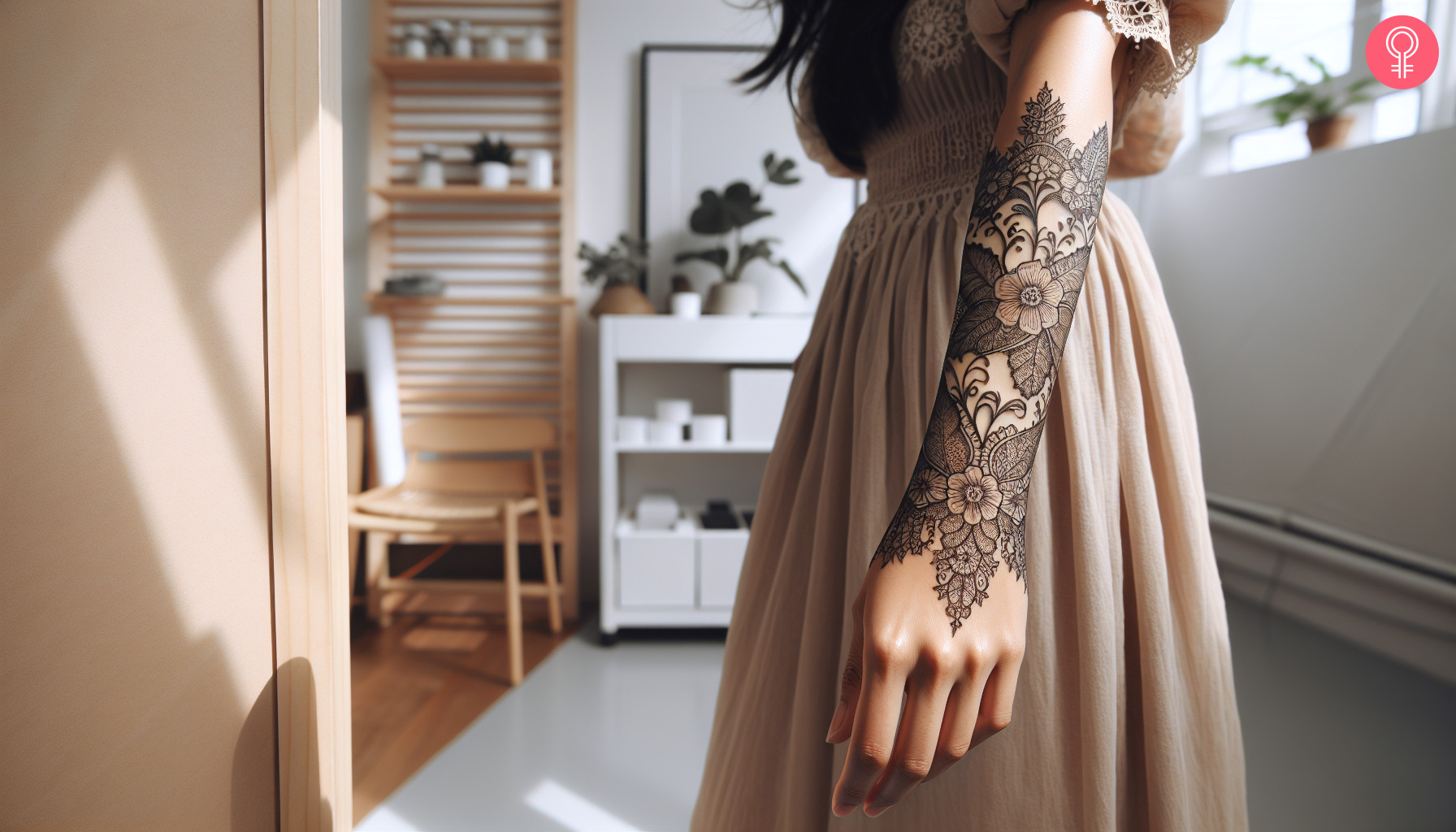 Feminine intricate tattoo on the forearm of a woman