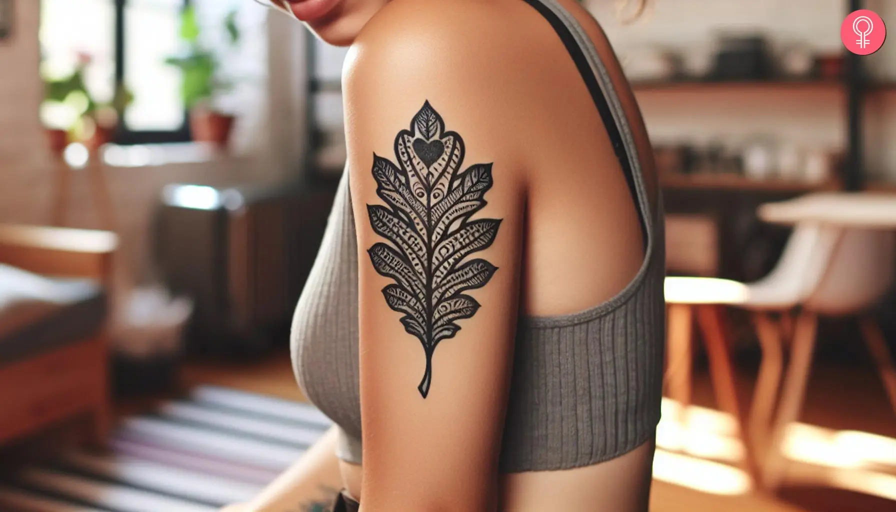 Feminine oak leaf with heart patterns tattoo on the upper arm