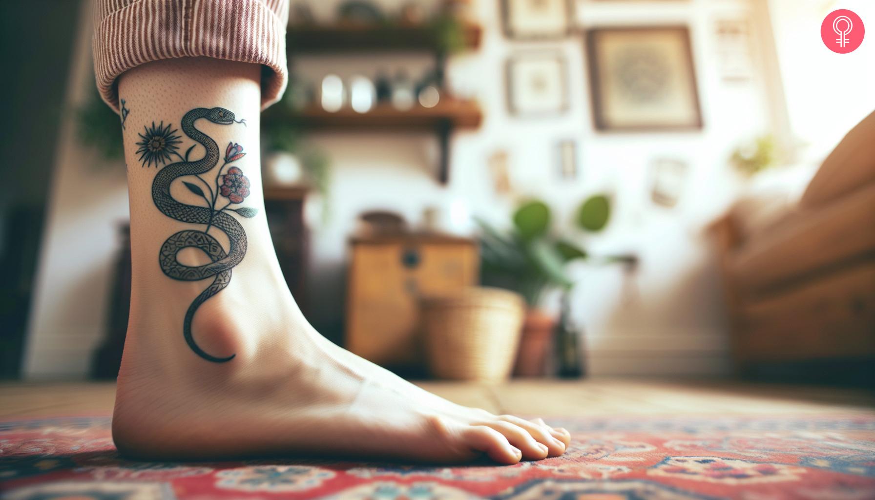 Female snake with flower tattoo on a woman's ankle