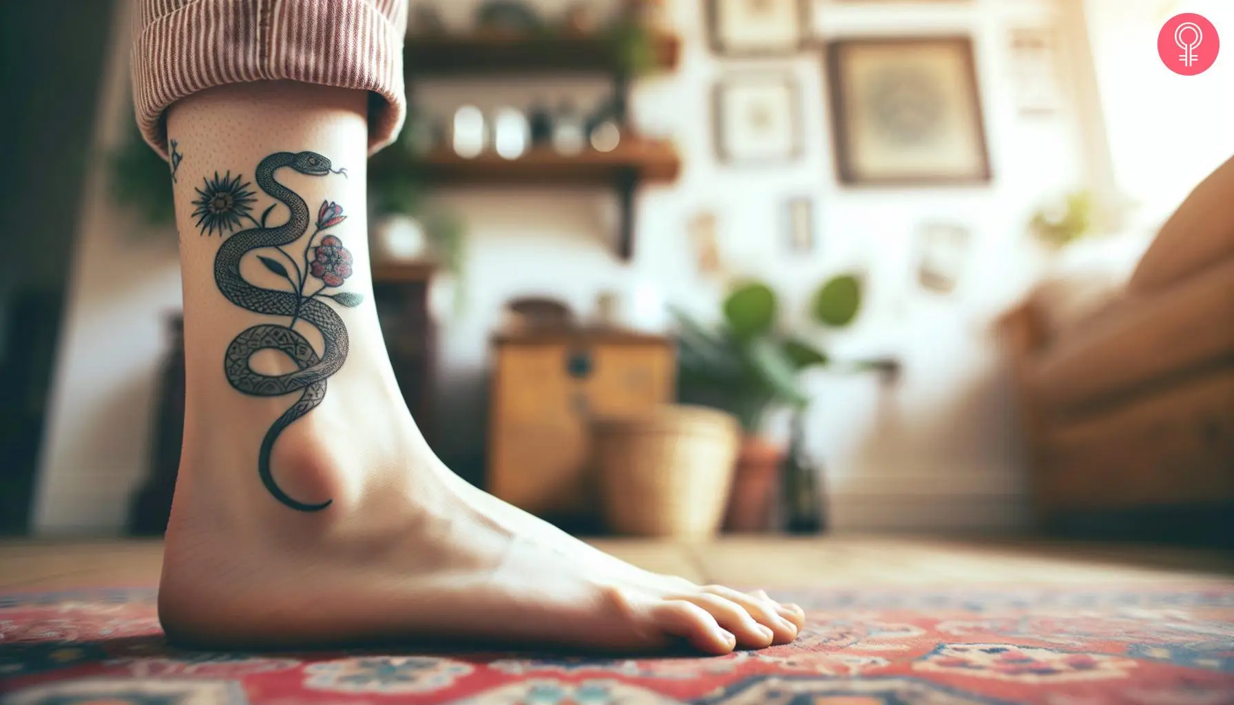 Feminine snake with flower tattoo on the ankle of a woman