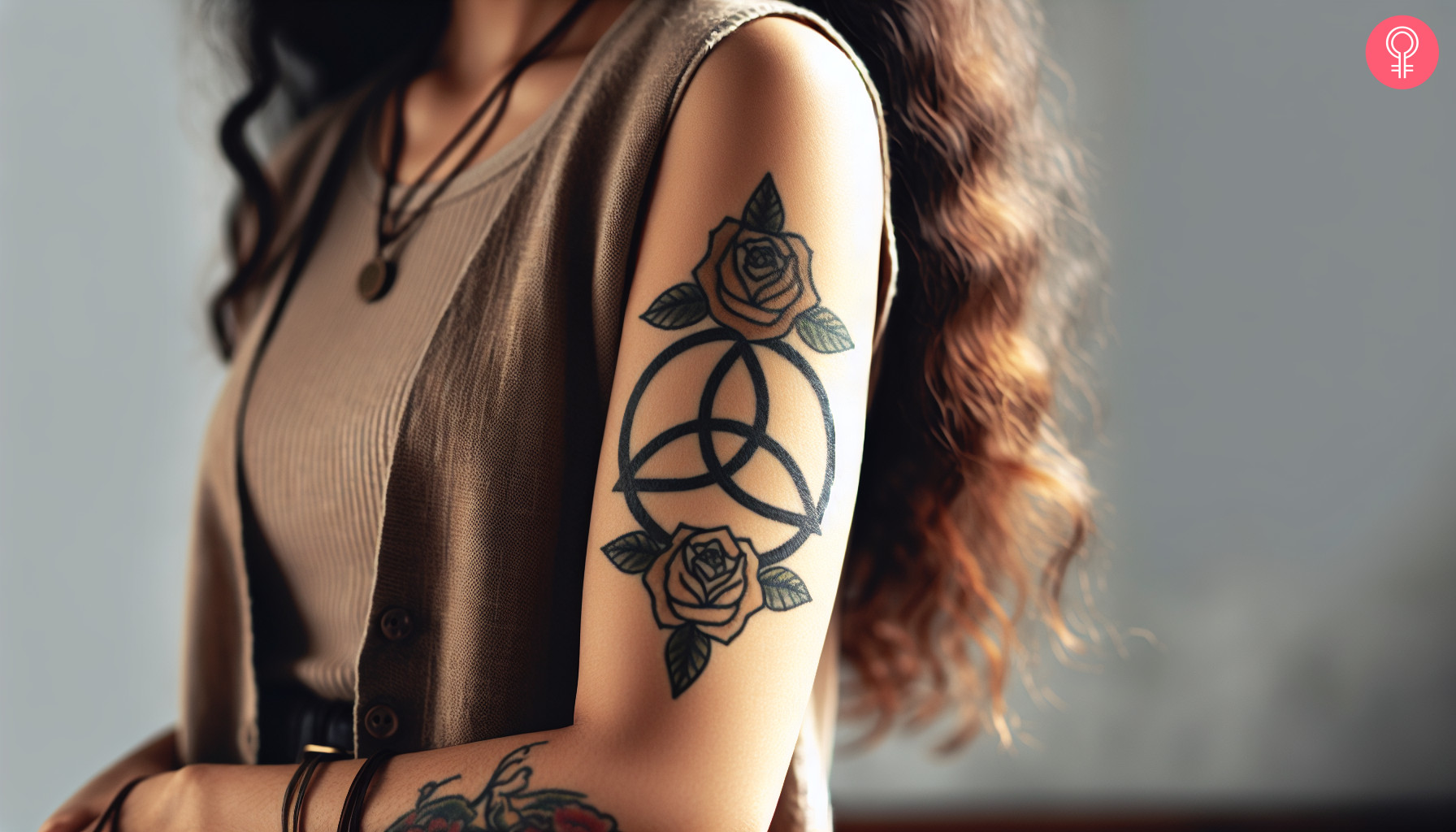 Feminine trinity knot tattoo on the upper arm of a woman