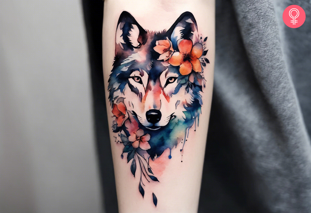 A feminine watercolor wolf tattoo on the forearm