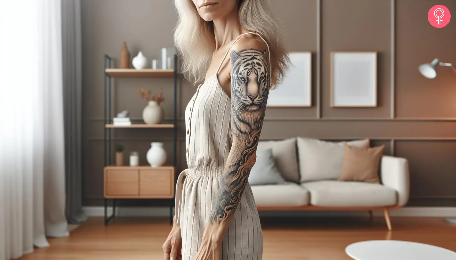 A feminine white tiger tattoo on the arm