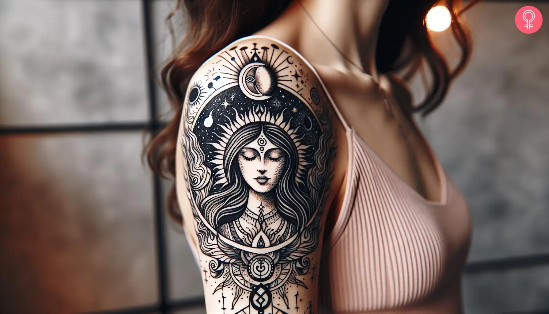 Feminine spiritual Goddess tattoo on the upper arm