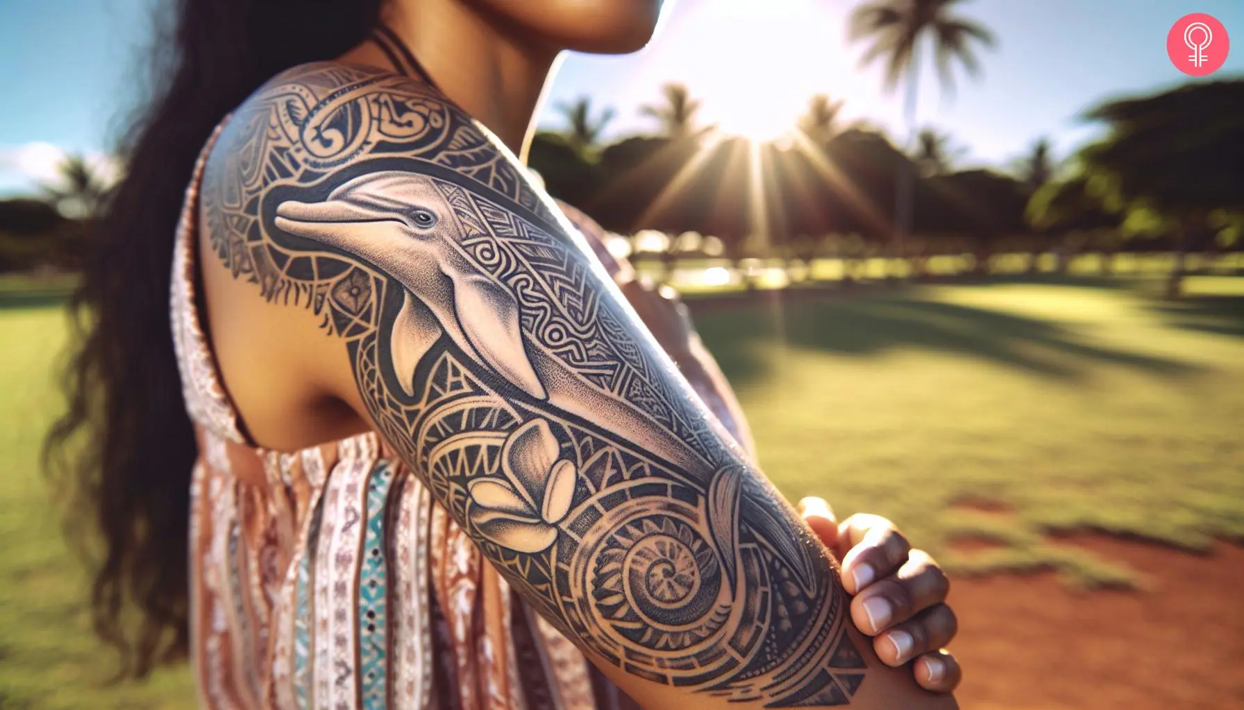 A woman with a black Fijian dolphin tattoo on her upper arm