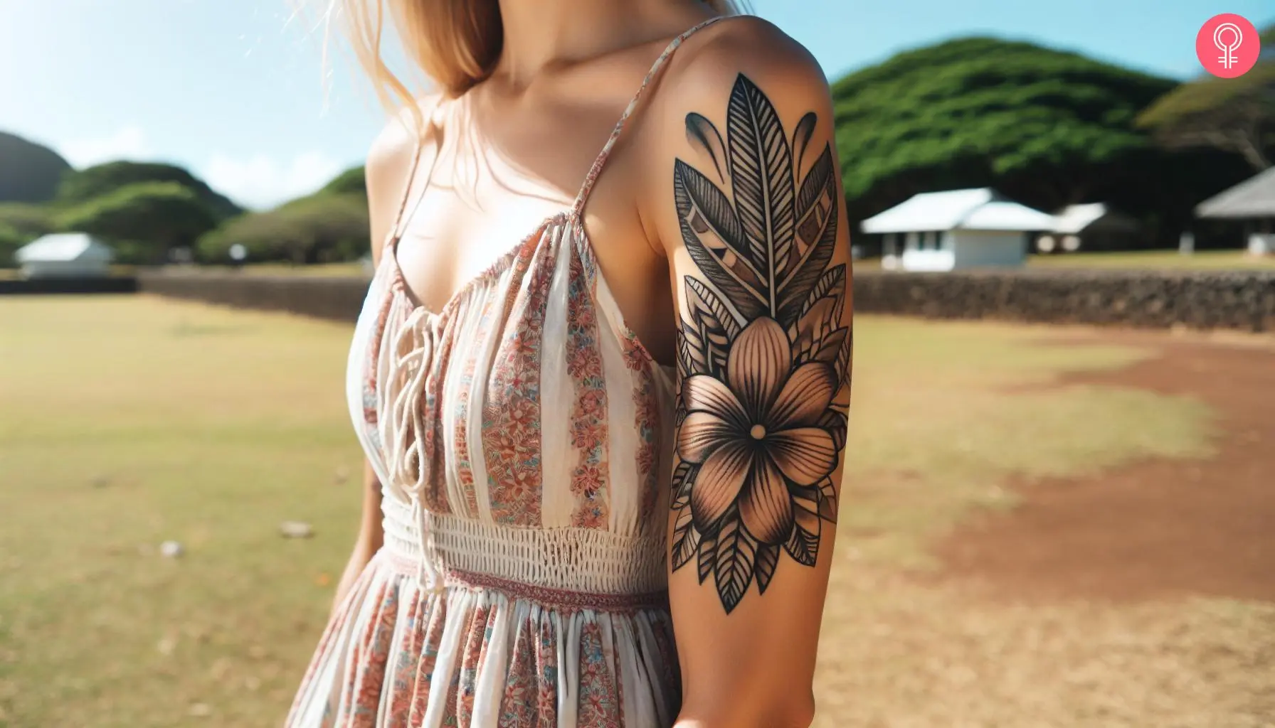 A woman with a Fijian flower tattoo on her upper arm