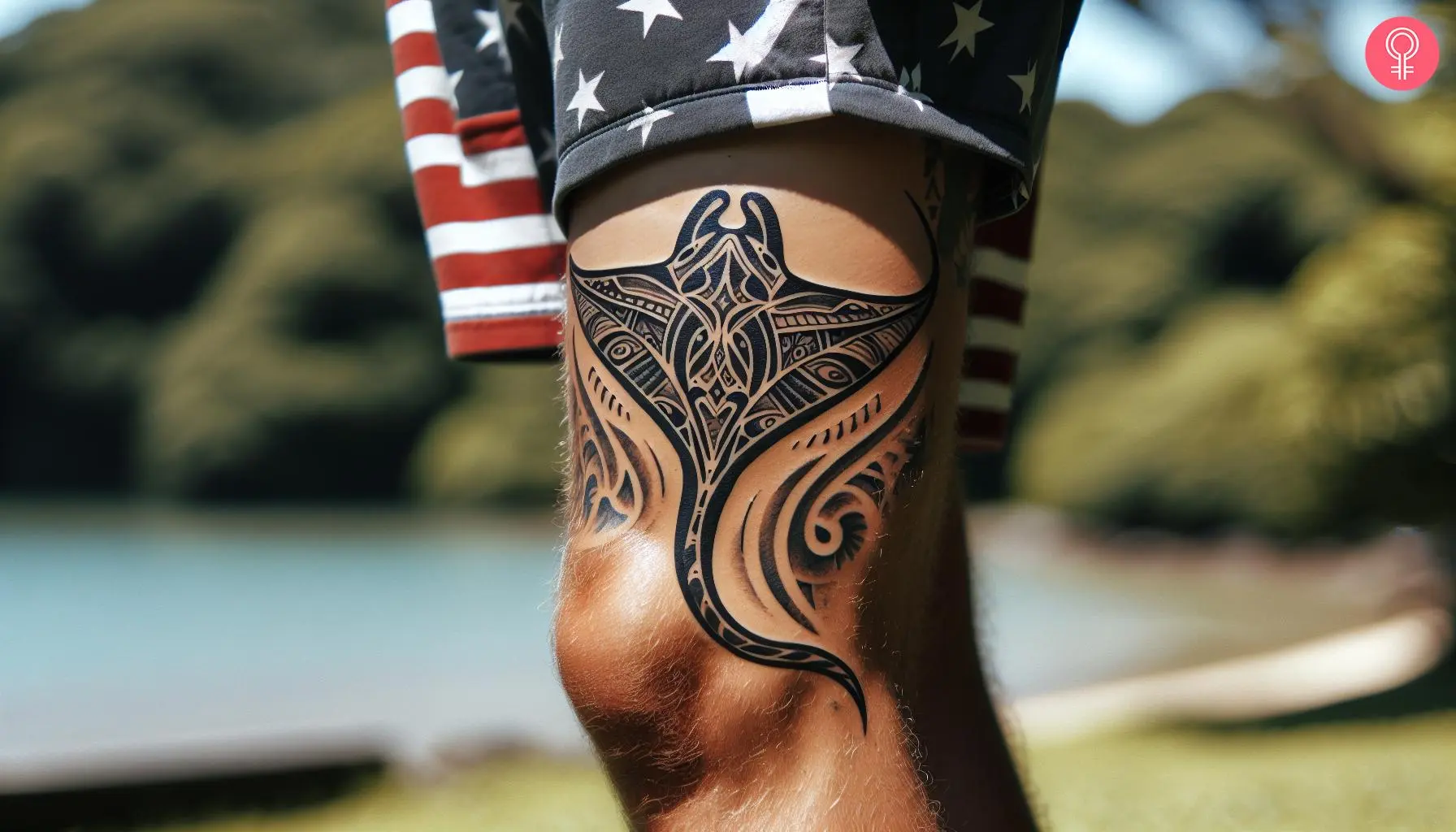 A man with a Fijian manta ray leg tattoo