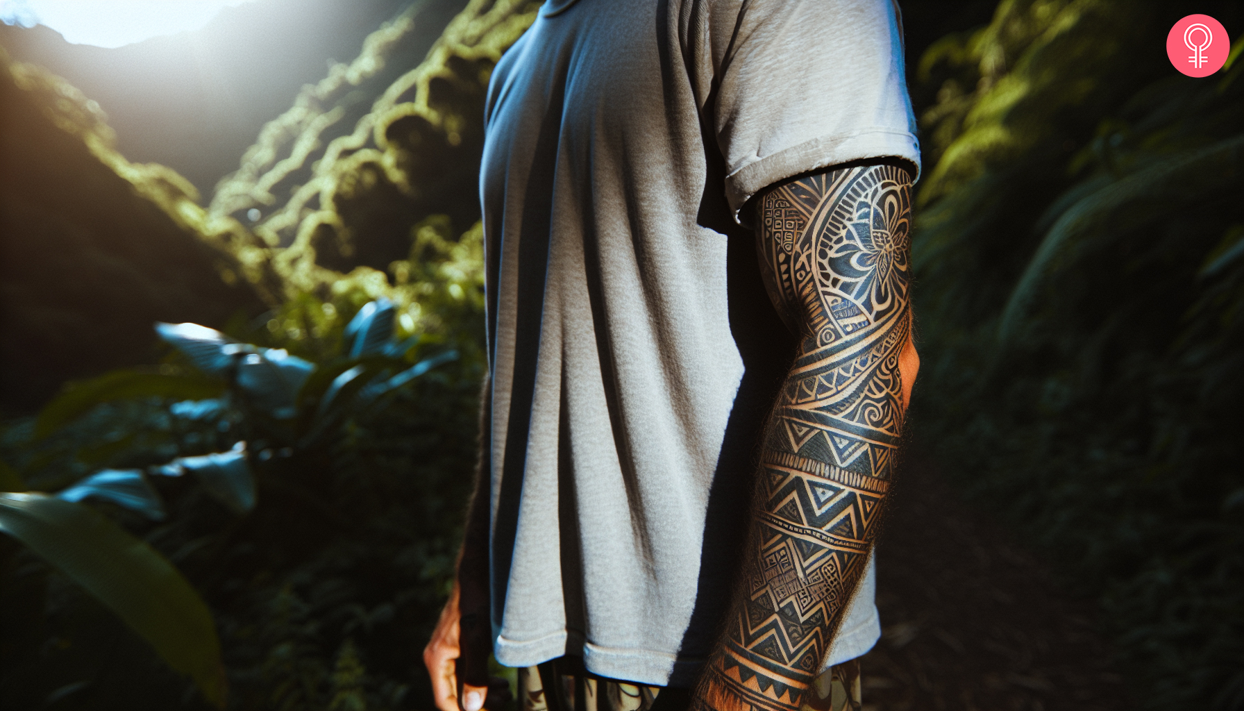 A woman with a Fijian sleeve tattoo featuring intricate tribal patterns